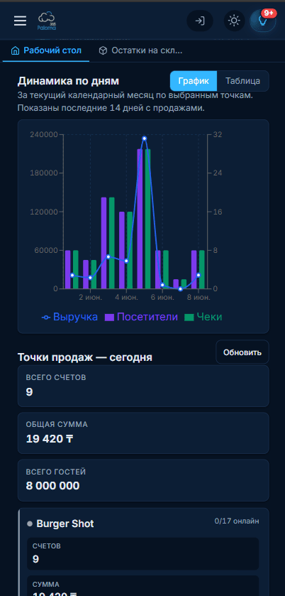 Аналитика выручки Paloma365 в телефоне владельца