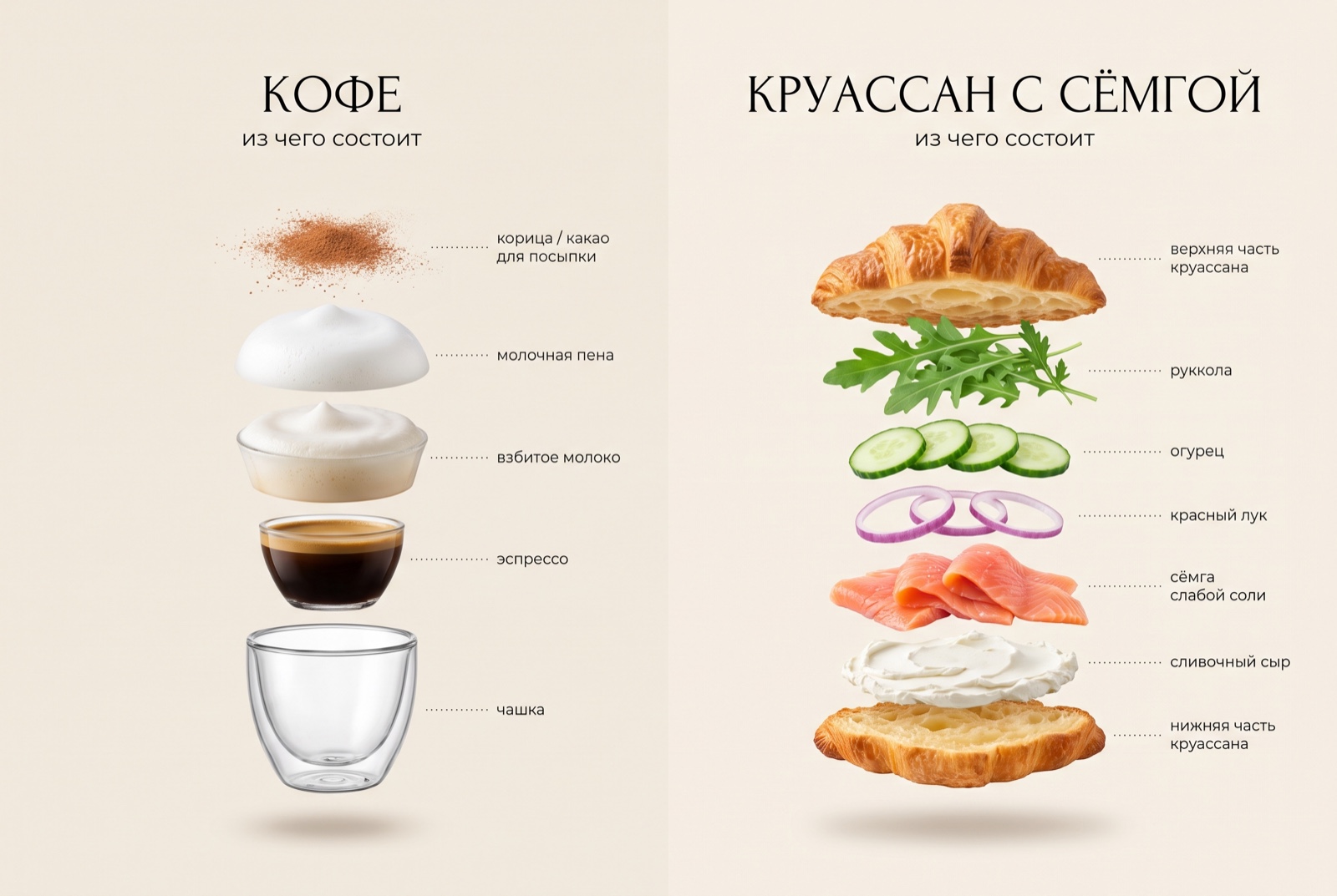 Неден тұрады: кофе (себу, сүт көбігі, шайқалған сүт, эспрессо, кесе) және сёмгамен круассан (руккола, қияр, қызыл пияз, сёмга, кілегейлі ірімшік) — Paloma365 өзіндік құнды ингредиенттер бойынша есептейді